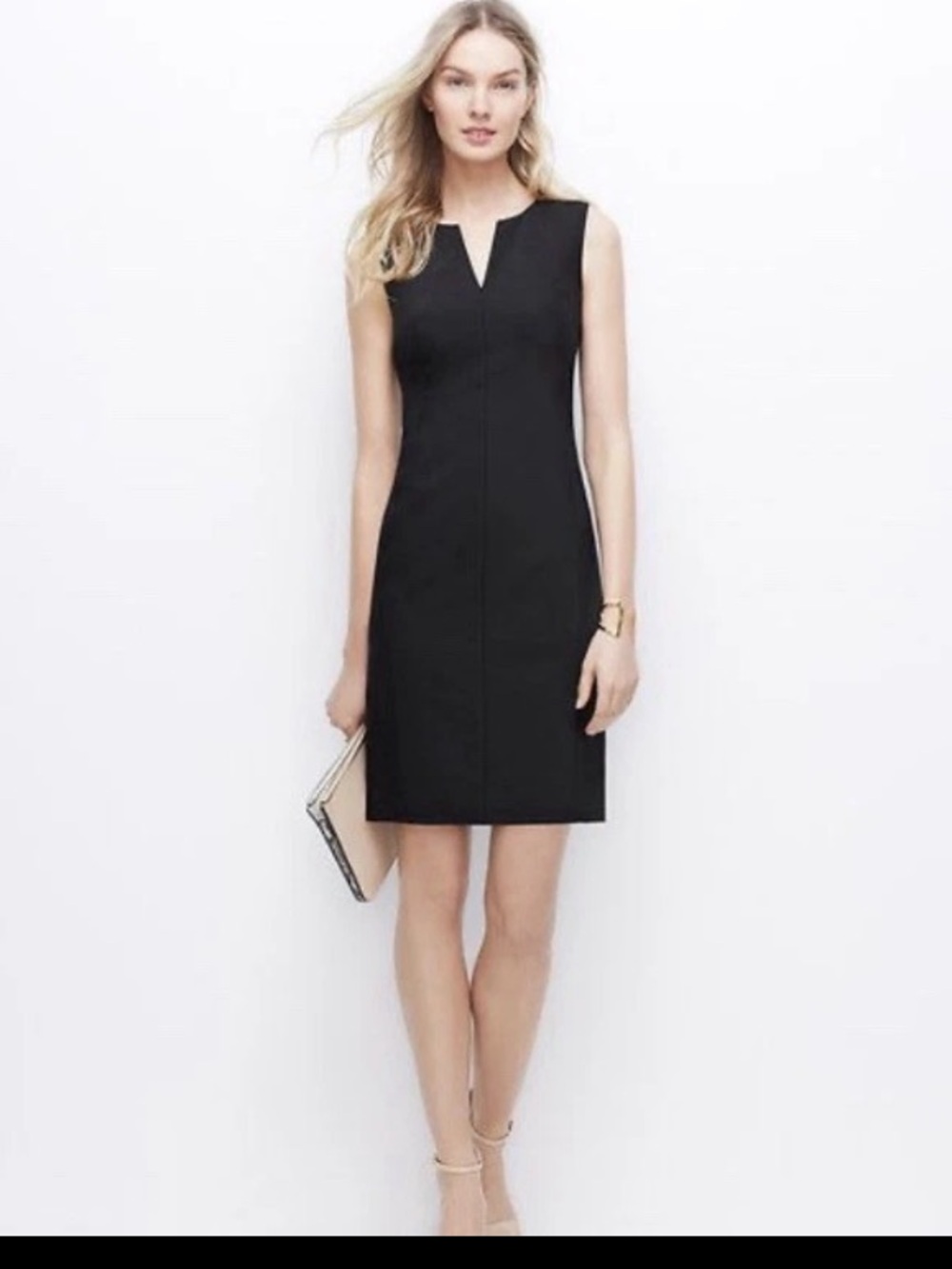 Ann Taylor Split Neck Sleeveless Sheath Dress Black Virgin Wool Blend Sz 18